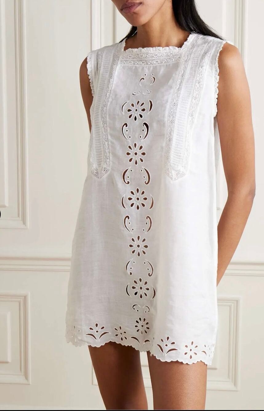 DÔEN Lua Broderie Anglaise Ramie Mini Dress Women’s S White Eyelet Lace